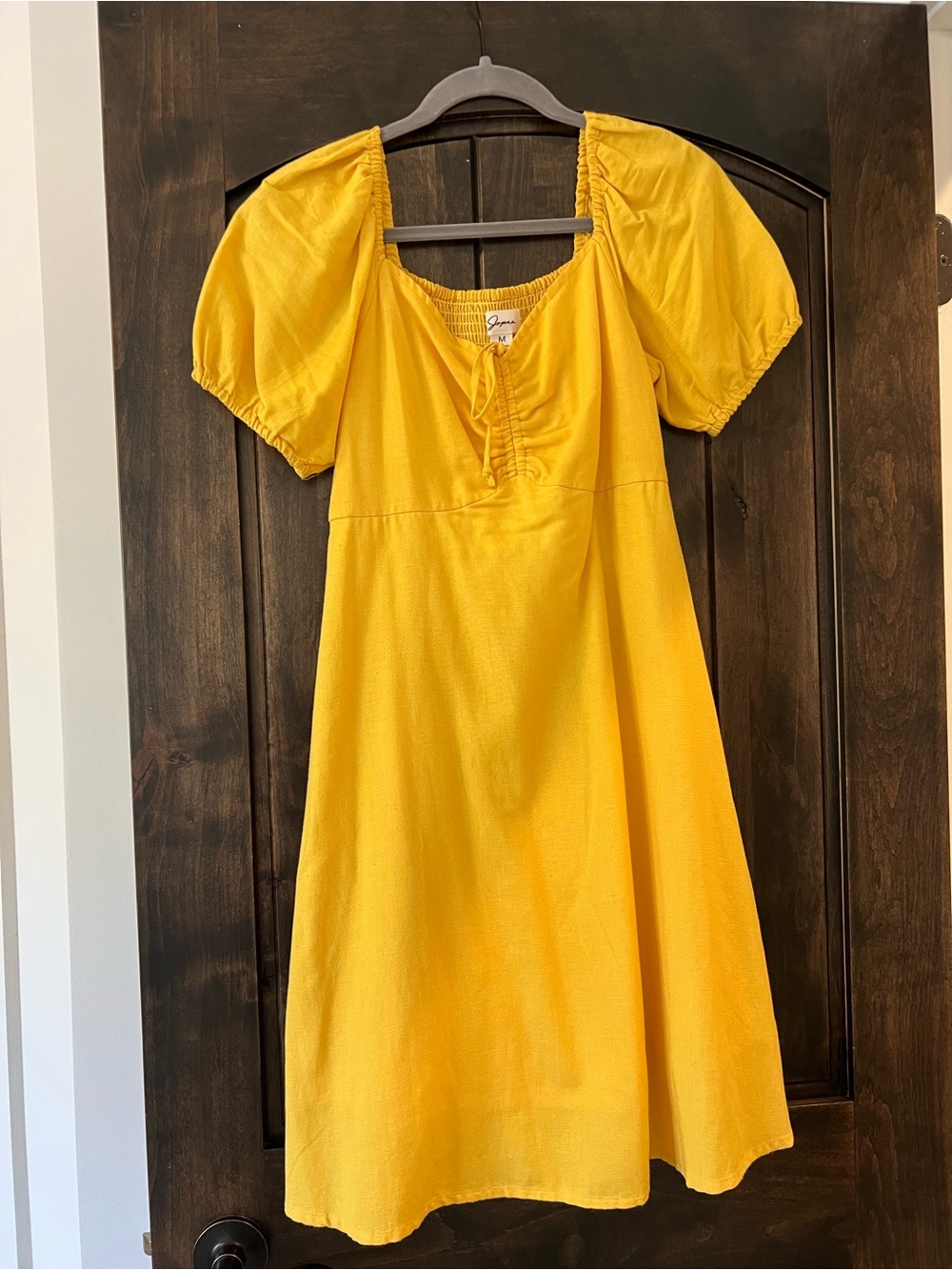 Yellow Puff-Sleeve Midi Dress